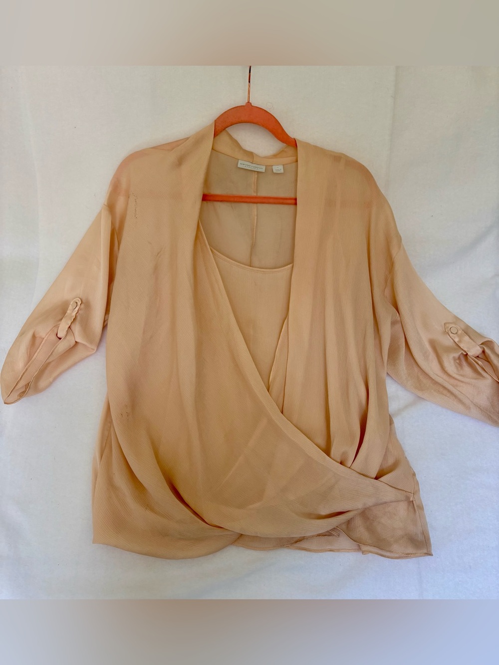 New York & Co. Sz L, Wrap Polyester Women's Blouse Quarter Sleeves Semi Sheer